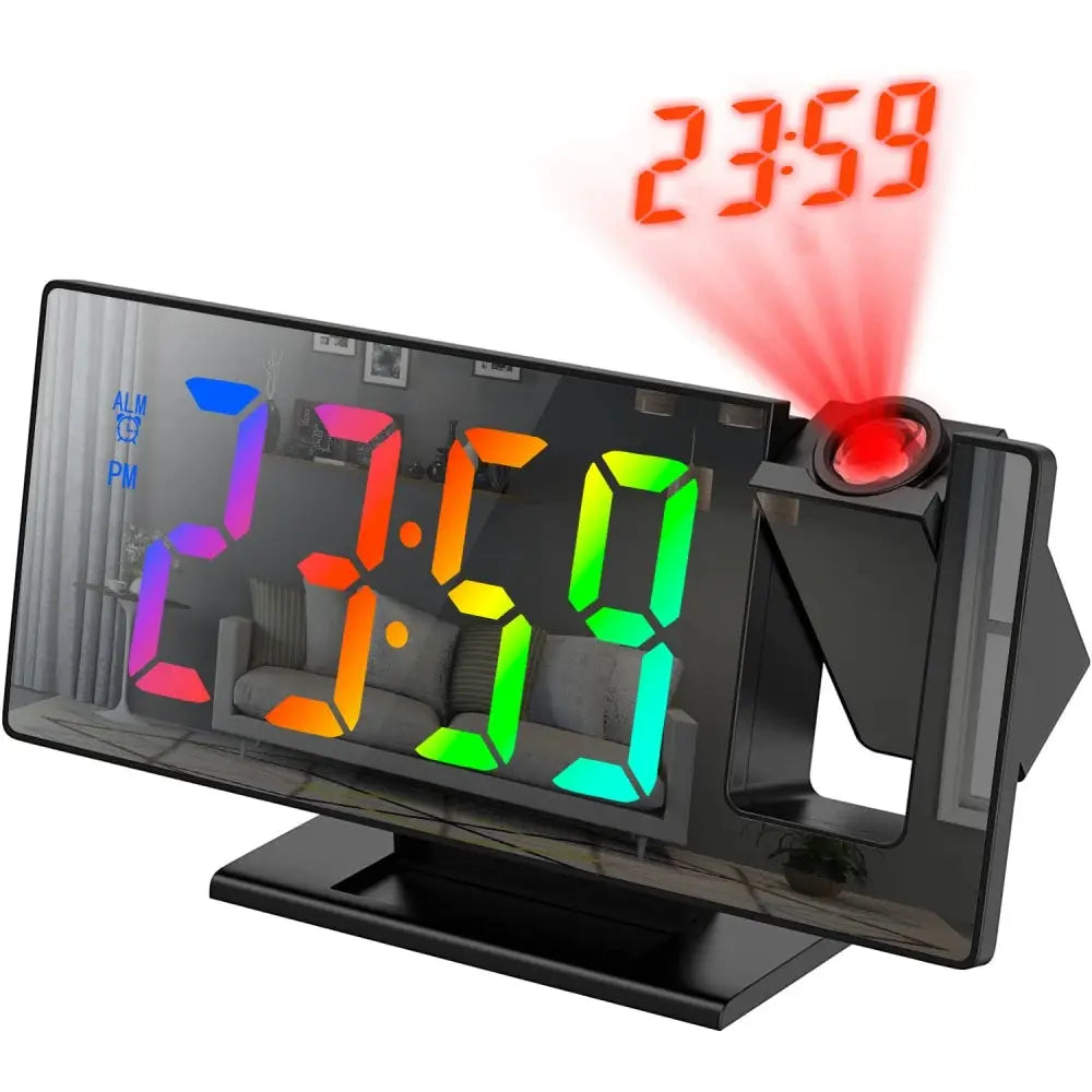 USB powered digital alarm clock with rainbow LED digits and 180° projection on a table.