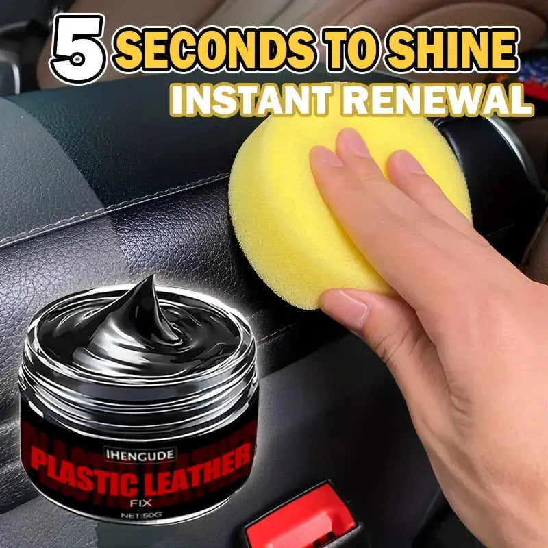 Car plastic repair paste for leather, plastic and rubber restoration; black jar with yellow sponge applicator
