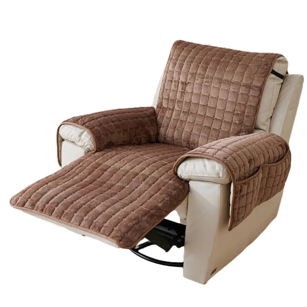 Recliner sofa protector cover with armrests by Simples Market, brown quilted plush non-slip chair cover
