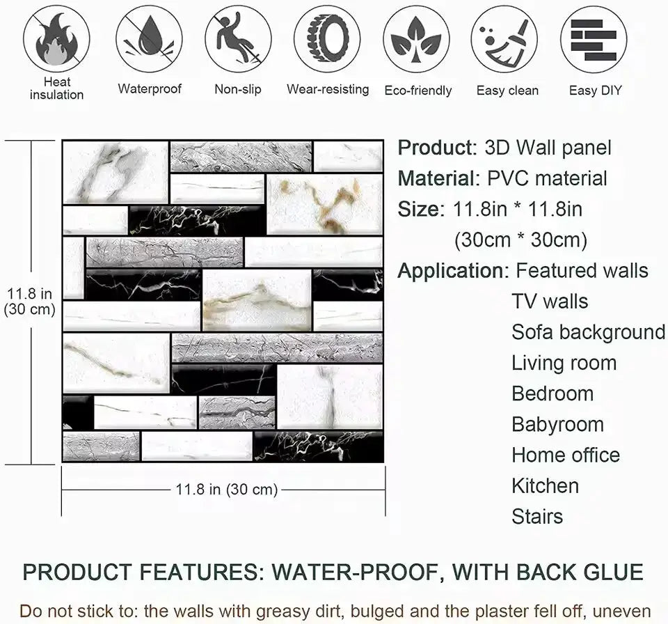 3D PVC self-adhesive tile wall sticker sheet from Simples Market; marble white/gray pattern, 11.8in square