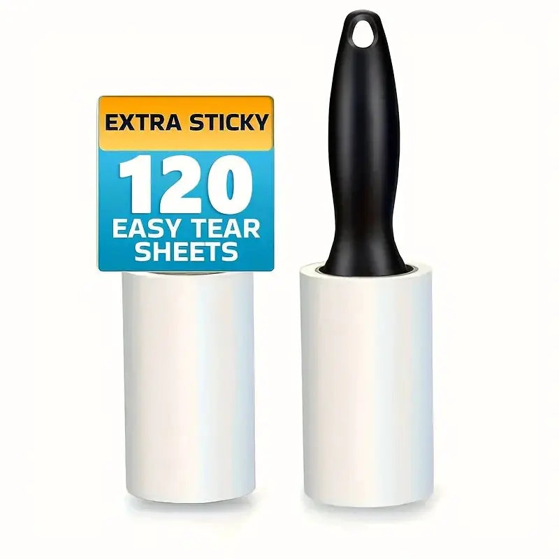 Ultra sticky lint roller for pet fur with black ergonomic handle and white replacement roll, 120 easy-tear sheets