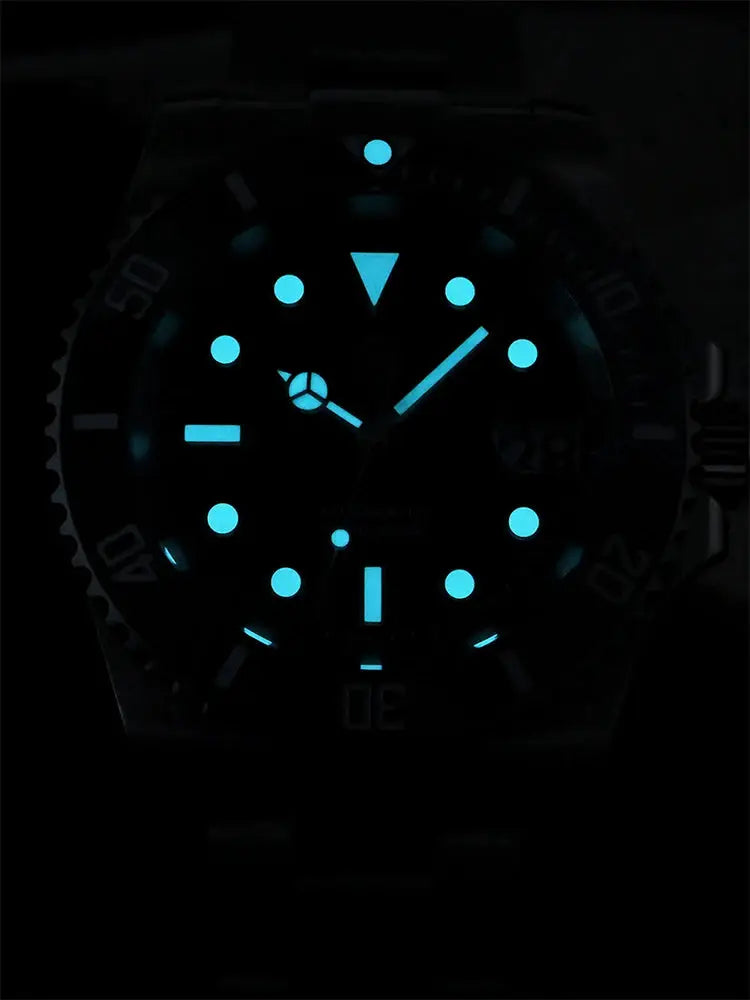 San Martin 40mm diver watch with glowing blue luminescent markers and hands