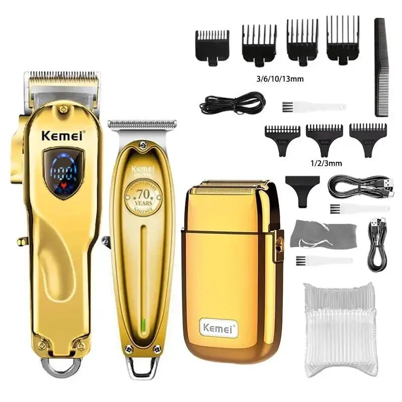 Kemei gold hair clipper kit with 3 devices (clipper, trimmer, charger) and multiple attachments