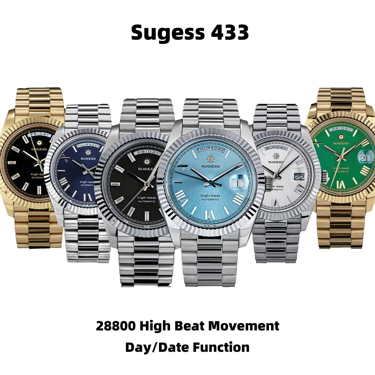 Seven Sugess men's watches with day/date display and metal bracelets in gold, silver, blue, black, white and green.