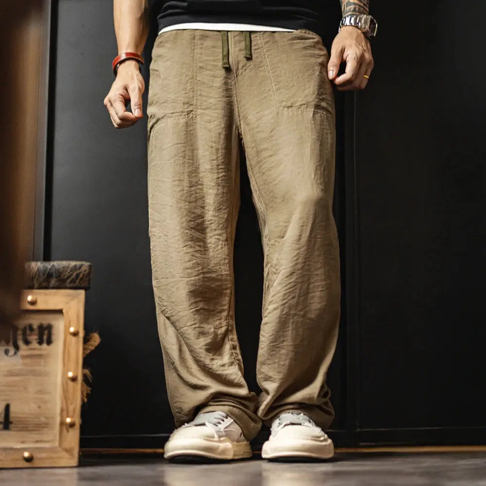 Maden Men's Vintage Chino Pants in khaki linen-blend with elastic waist, Simples Market