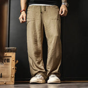 Maden Men's Vintage Chino Pants in khaki linen-blend with elastic waist, Simples Market