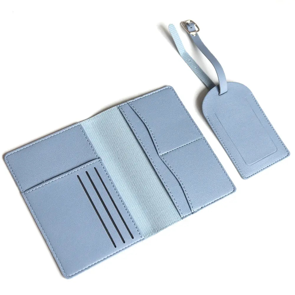 Simples Market blue leather travel passport cover set with luggage tag and card slots, 2-piece