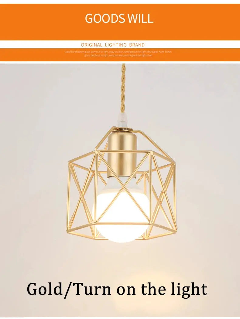 Modern LED pendant light with gold geometric metal cage and exposed bulb