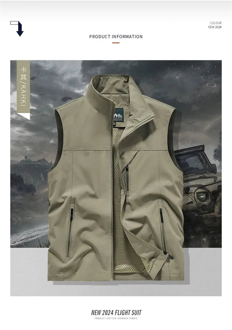 Men's windproof sleeveless vest by Simples Market, khaki with mesh lining and zip pockets.