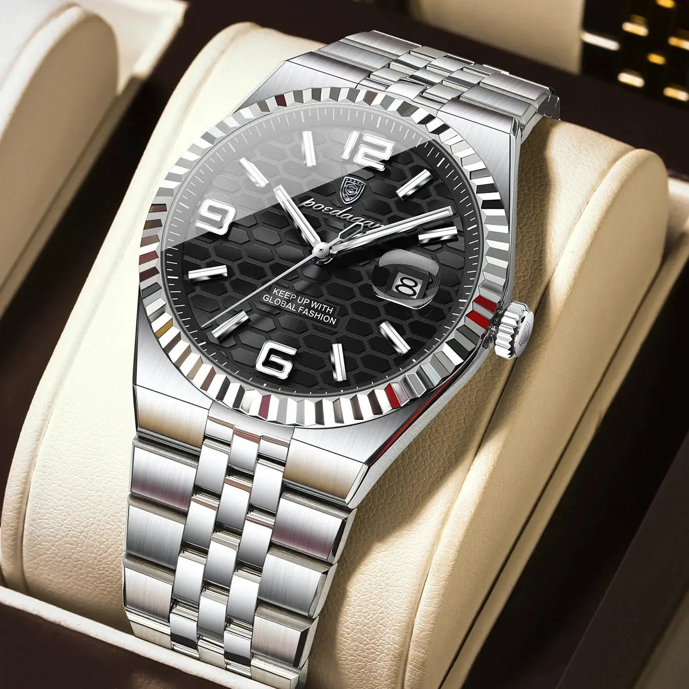 POEDAGAR men's stainless steel watch with black textured dial, date window, luminous hands, in box.