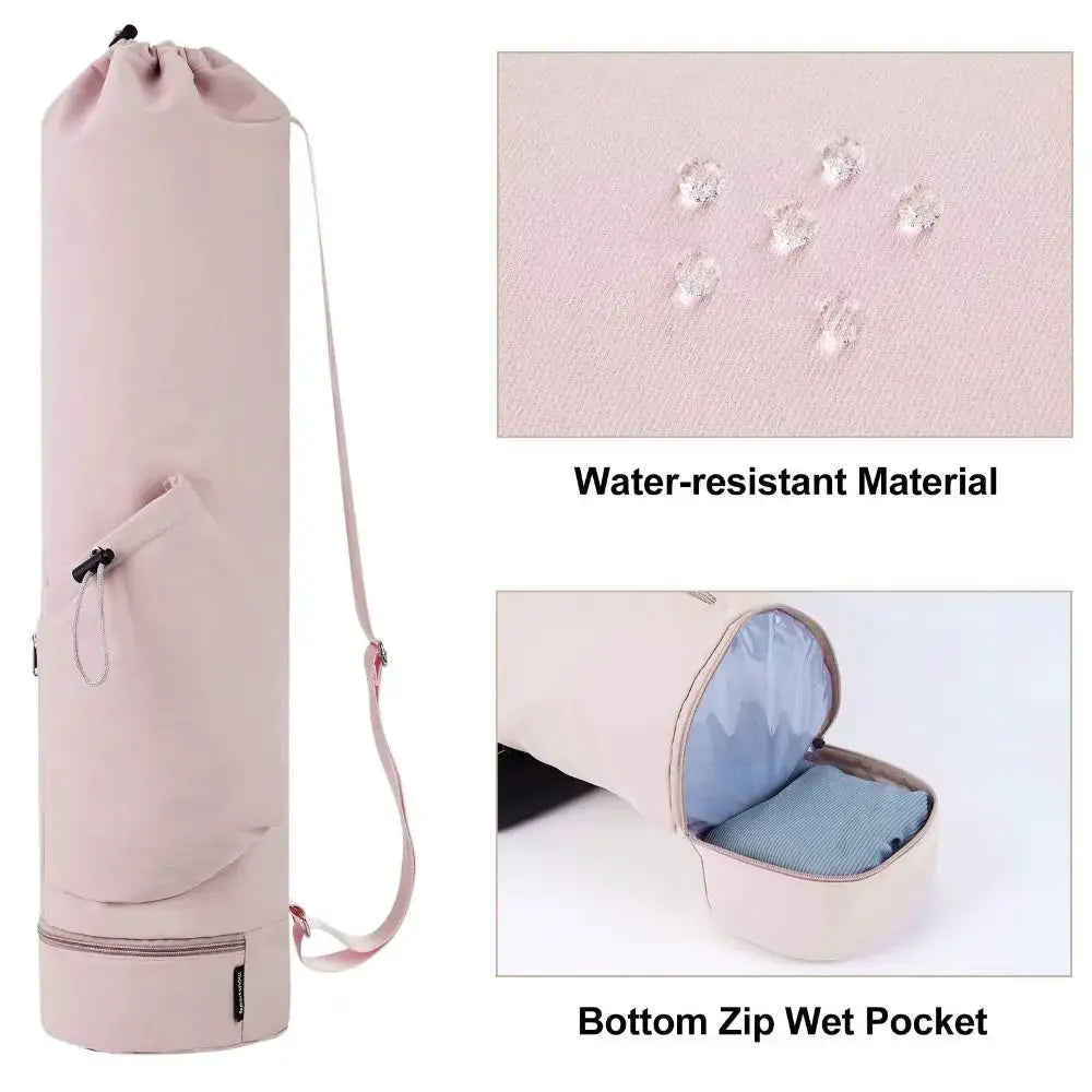 Pink yoga backpack with large capacity, water-resistant material, adjustable shoulder straps, and bottom zip wet pocket.