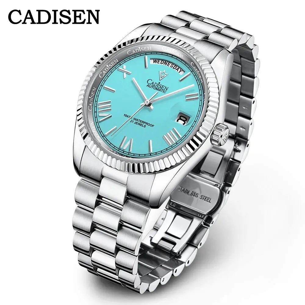 CADISEN men's stainless steel automatic watch with turquoise dial