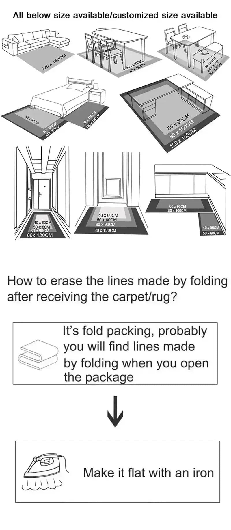VIKAMA black area plush rug by Simples Market; size diagrams and folding packing guide.