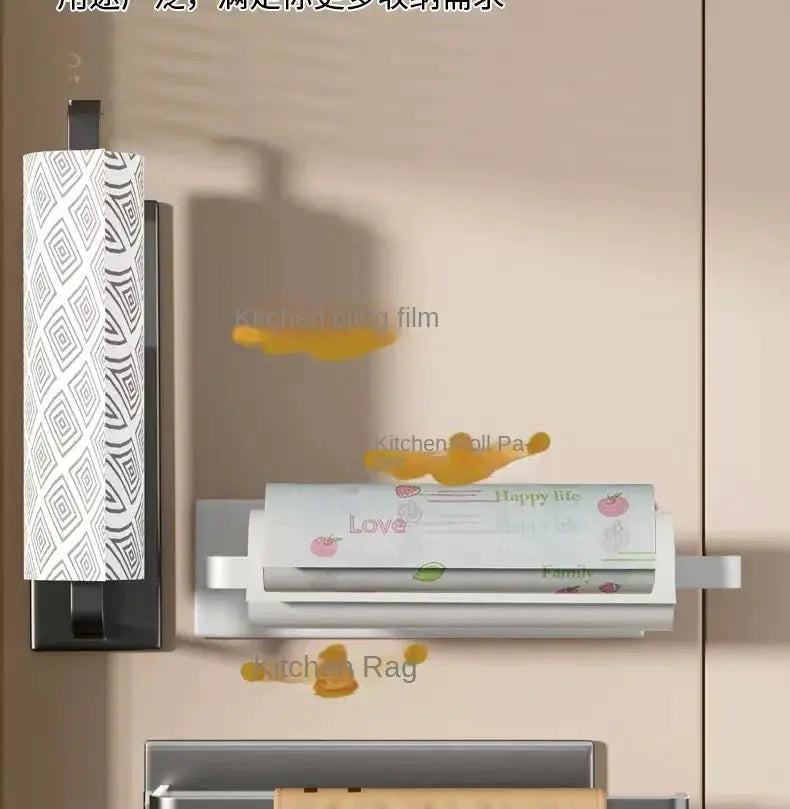 Two kitchen paper towel holders by Simples Market: a white horizontal fridge-mount and a black-framed vertical patterned roll