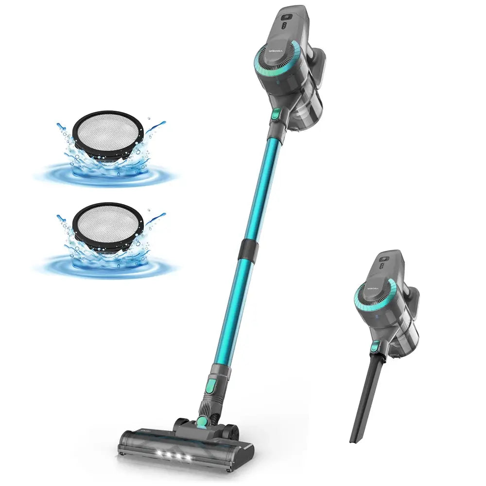 Simples Market YISORA N300 cordless upright stick vacuum, 2-in-1 teal wand with detachable handheld.