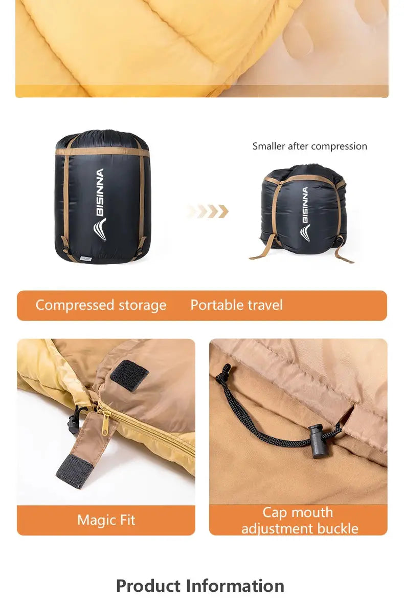 BISINNA 2-person camping sleeping bag in black with tan compression straps and compact carry bag, Simples Market