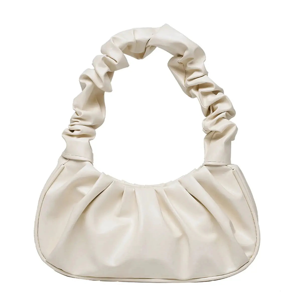 Dumpling-style PU cloud handbag with a scrunched pleated handle in off-white