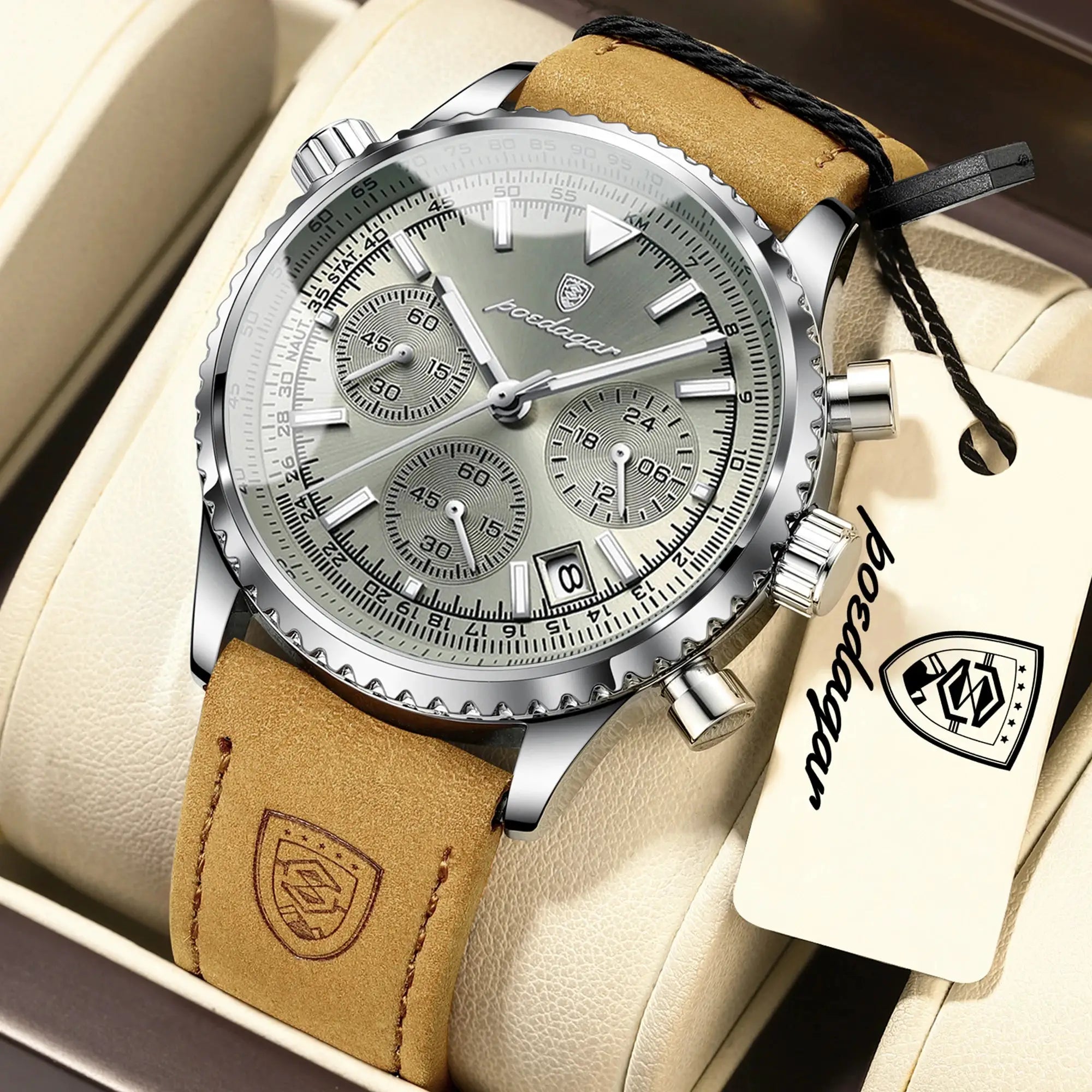 POEDAGAR men's chronograph wristwatch with tan leather strap, silver case and date display