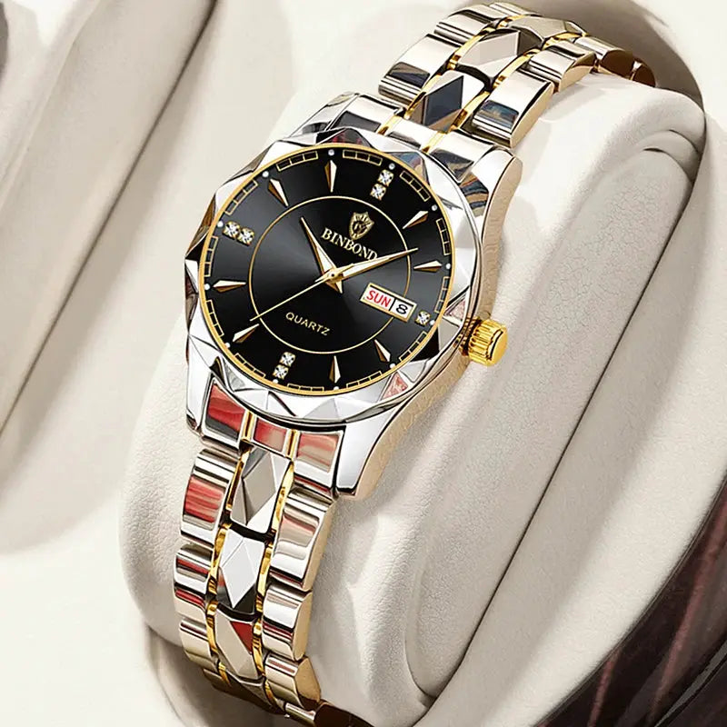 BINBONG women's quartz wristwatch with black dial, two-tone gold and silver bracelet, date window, waterproof
