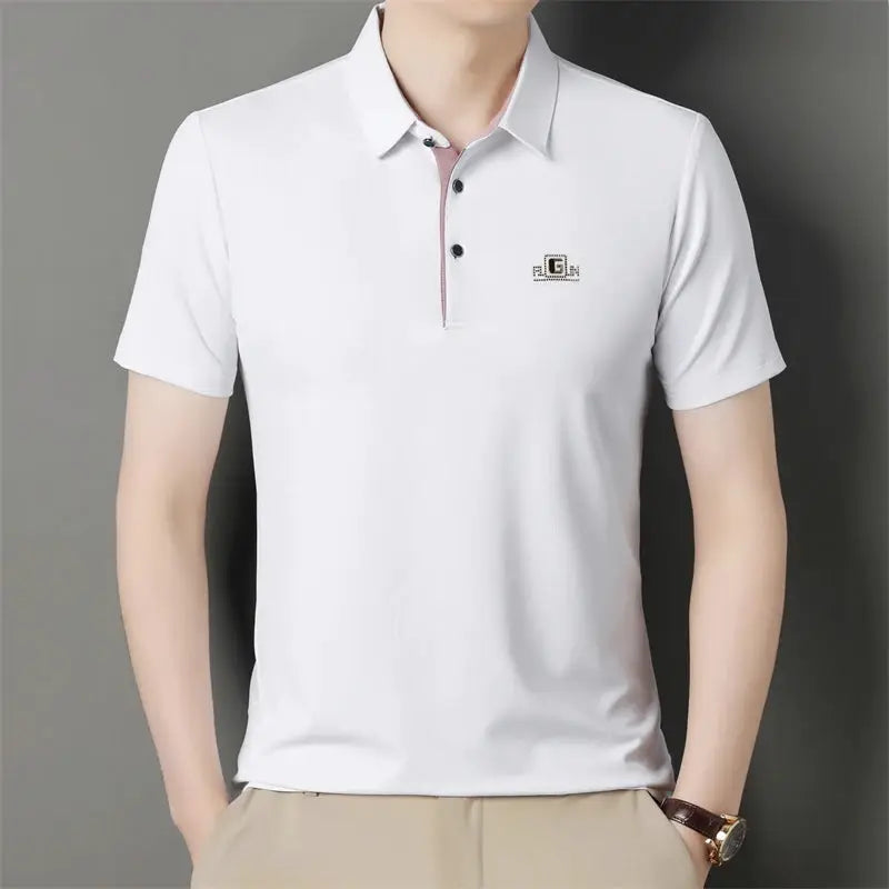 Men's white polo shirt with badge logo, short sleeves, breathable business casual top
