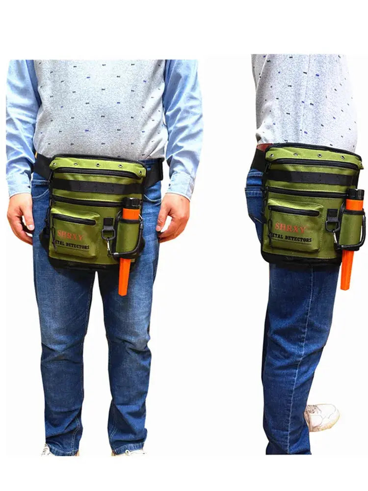 Metal detector finds bag, olive-green all-terrain waist pouch with multiple pockets and orange tool