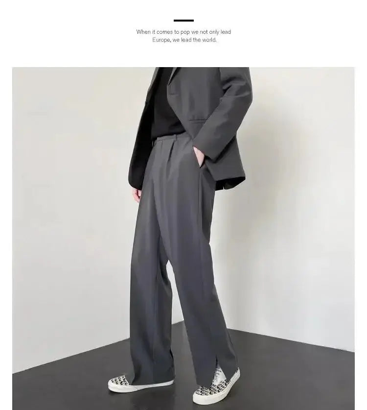 Men's straight baggy casual pants in gray, streetwear-style business trousers.