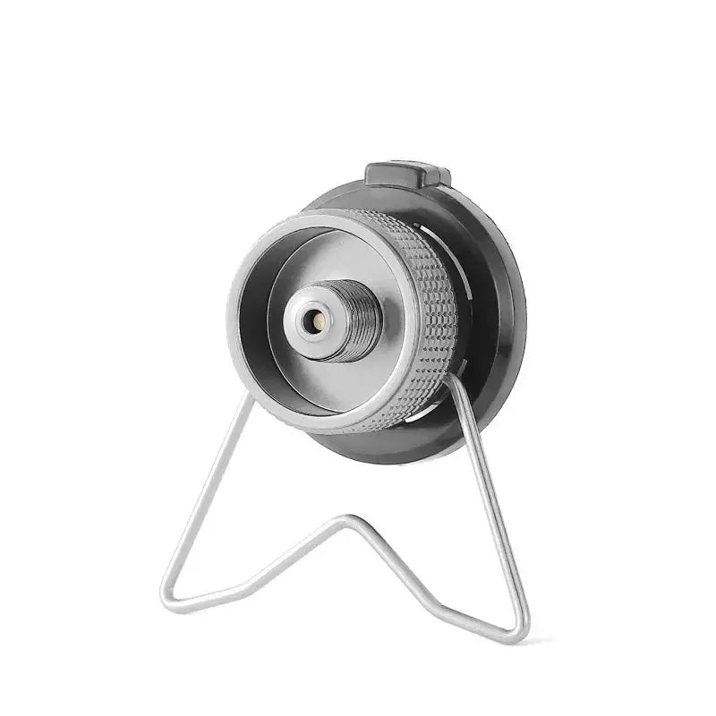 Butane adapter with wire stand; silver metal body and black collar for camping stove use