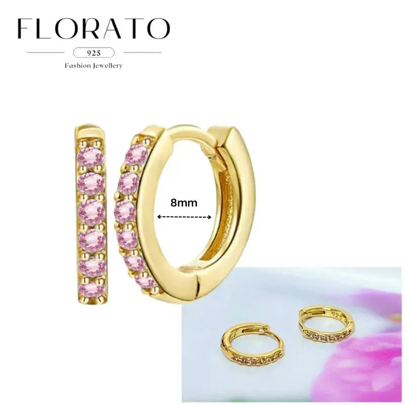 Gold-tone hoop earrings with pink zircon stones, 8mm inner diameter, Simples Market