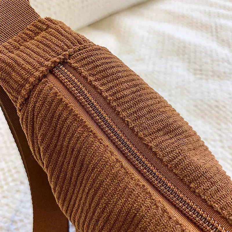 Solid color brown corduroy hobo shoulder bag with zipper closure