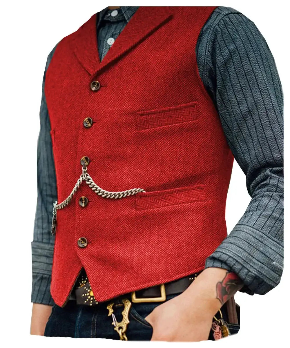 Red wool-tweed men's waistcoat vest with chain accessory, worn over a gray striped shirt.