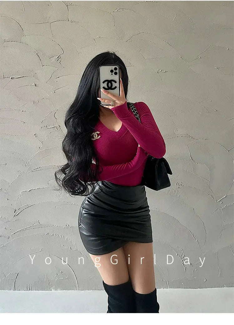 PU Leather mini skirt, black high-waist A-line wrap-style for women by Simples Market