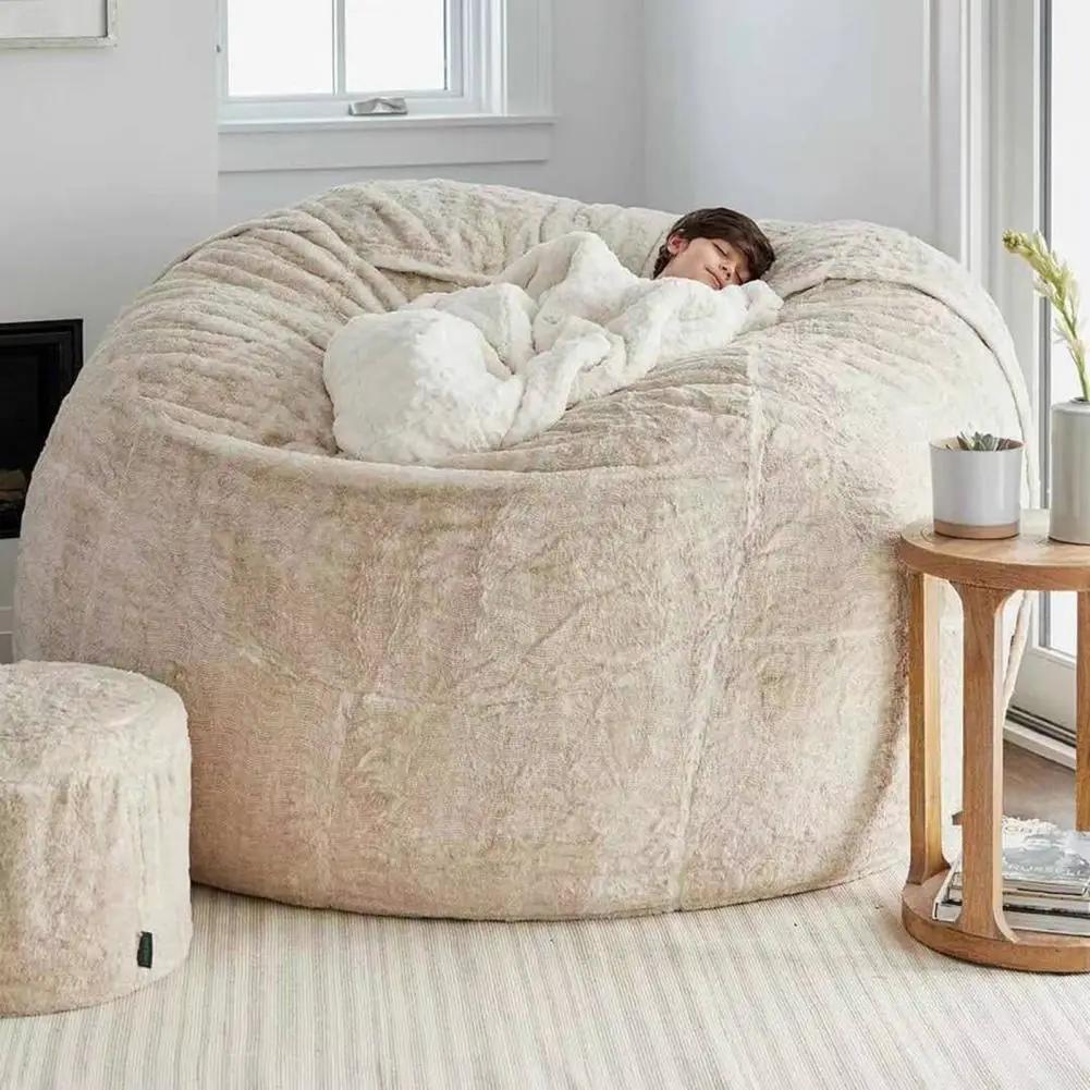 Bean bag sofa bed in beige plush fabric by Simples Market for floor lounging