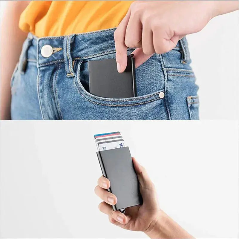 Aluminium RFID card holder wallet, mini slim minimalist design, grey metal, holds multiple cards