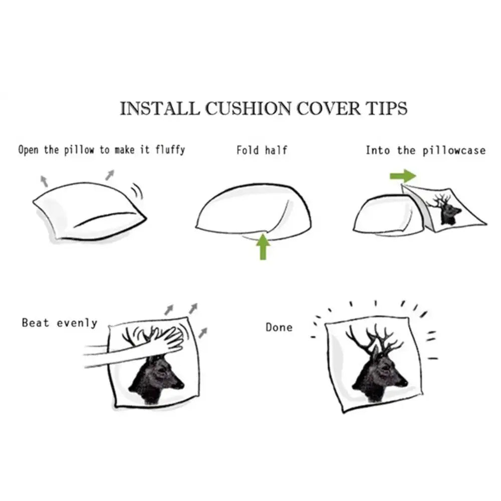 Pillow cover installation guide illustration showing step-by-step cushion tips