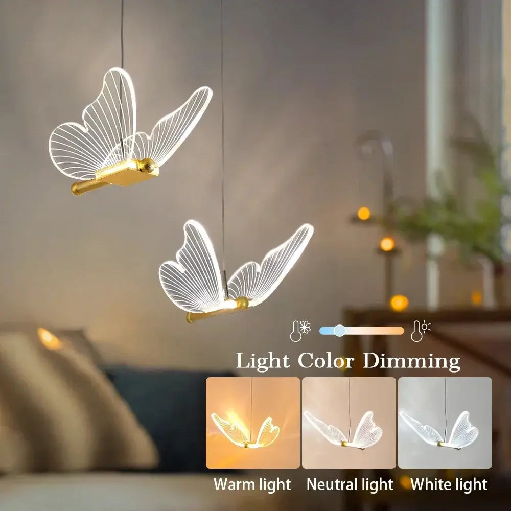 Simples Market LED modern butterfly pendant lights with white wire wings and gold bases (2-pack)