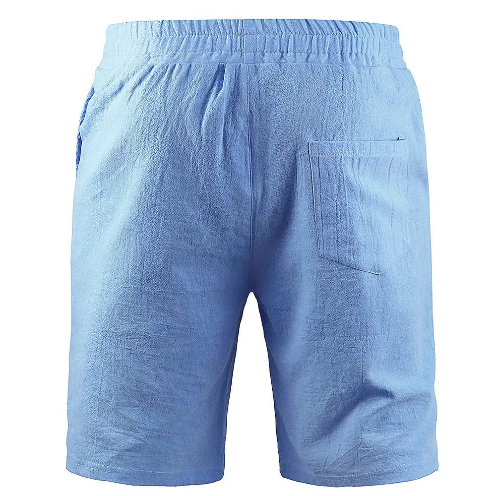 KB New men's cotton-linen shorts by Simples Market, light blue, back pocket, elastic waist.