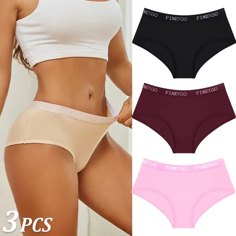 Three-pack women's cotton briefs with Finetoo waistband; breathable, soft underwear in black, burgundy, and pink.