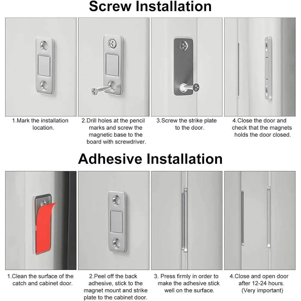 Magnetic cabinet catches by Simples Market; ultra-thin, strong magnets with screw or adhesive installation.