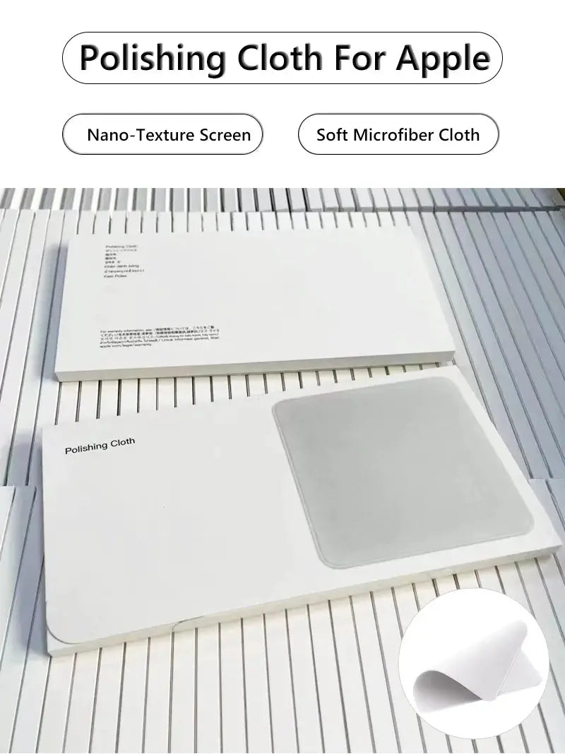 Polishing cloth for Apple devices by Simples Market; white microfiber nano-texture, with two white boxes visible.