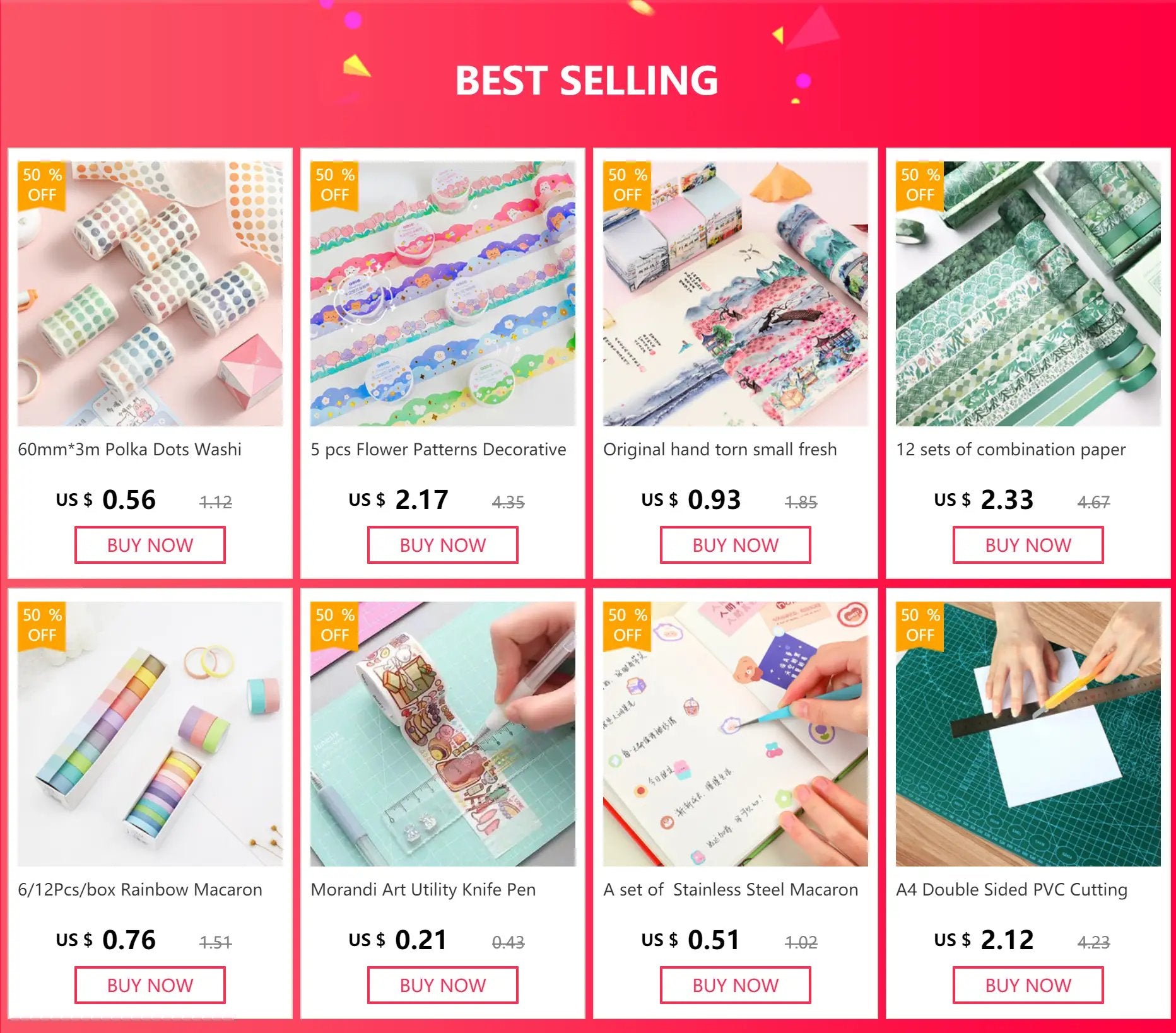 Rainbow Macaron solid color masking washi tape, 6/12 pcs per box, by Simples Market