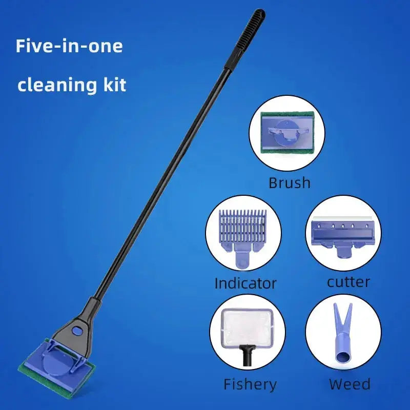 EW Five In One Fish Tank Glass Cleaning Brush Algae Scraper Long Handle Aquarium Tool