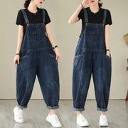 Denim cargo overalls with pockets and suspenders, patchwork blue, rolled cuffs, two models