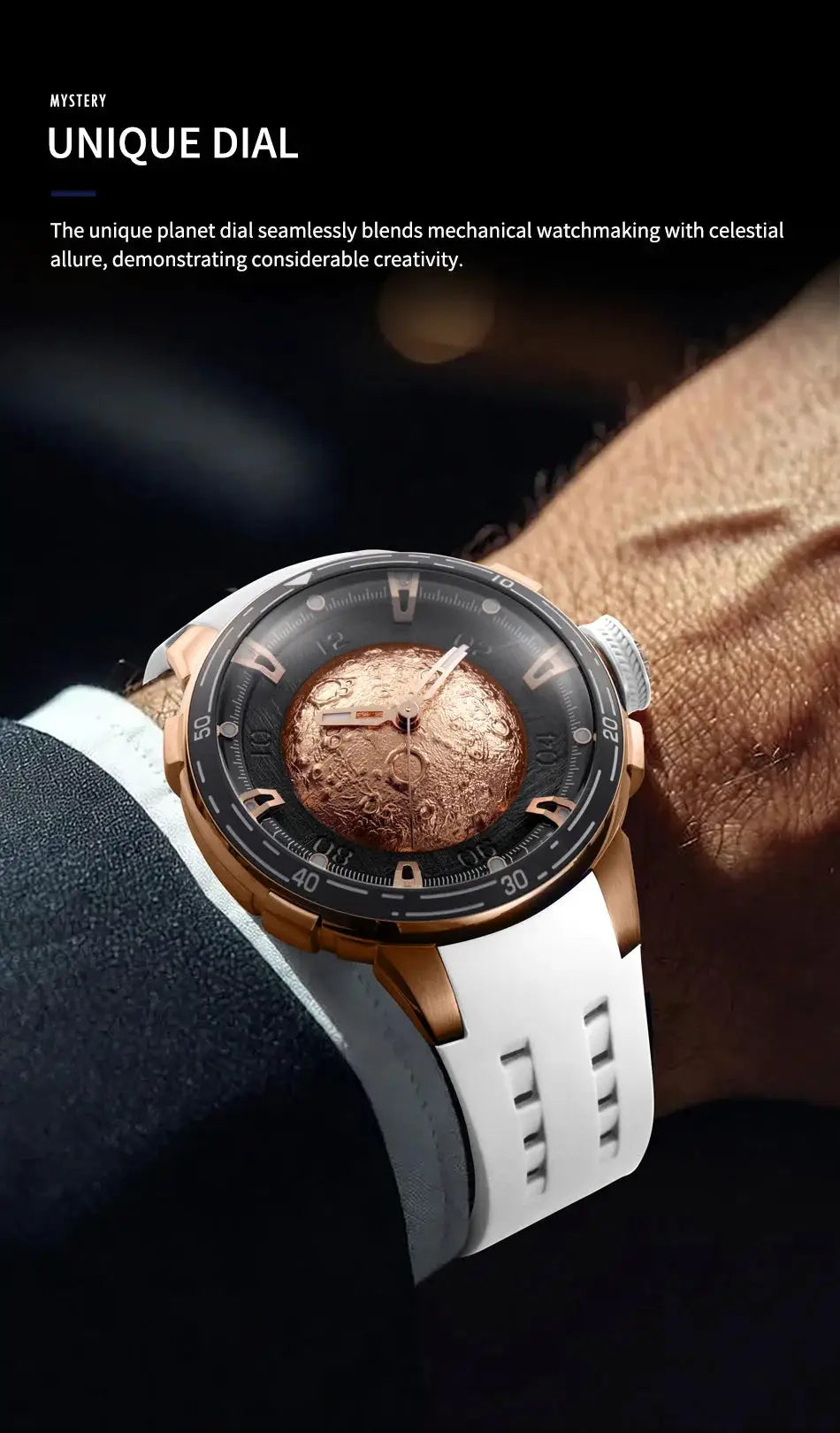 Simples Market PINDU Design Planet Series men's mechanical watch with rose-gold case, black dial featuring copper center, and white silicone strap