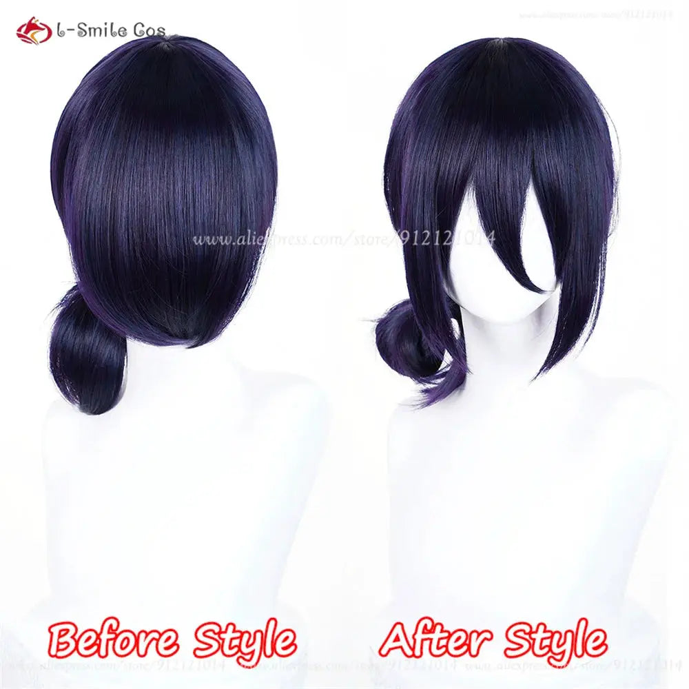 Anime Rezee cosplay wig, 45cm purple heat-resistant synthetic hair with choker, front and back views.