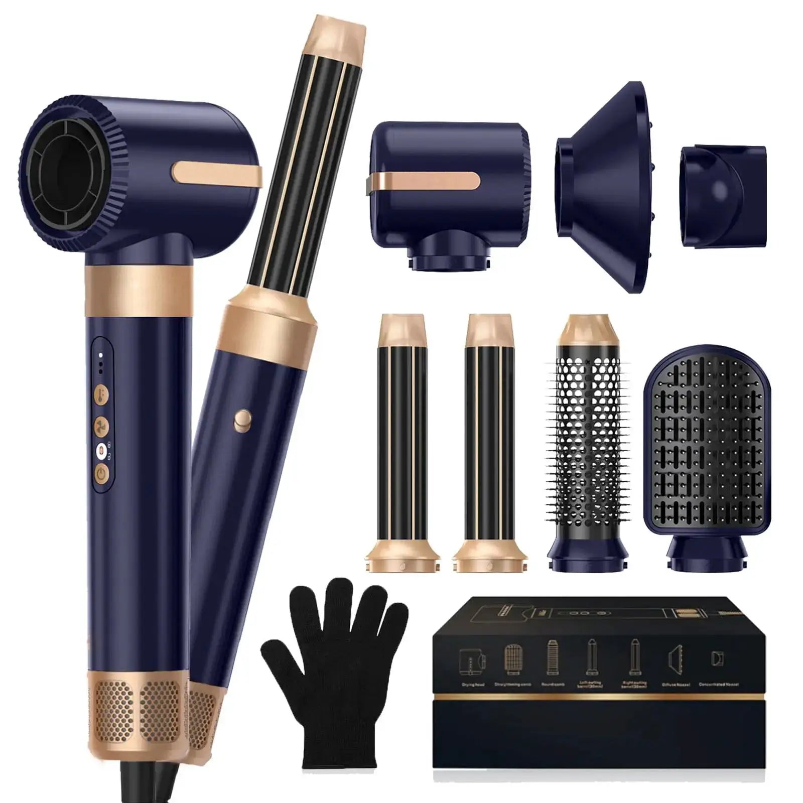 Simples Market 7-in-1 hair dryer brush kit in navy blue with rose-gold finish and assorted attachments