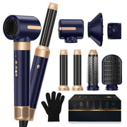 Simples Market 7-in-1 hair dryer brush kit in navy blue with rose-gold finish and assorted attachments