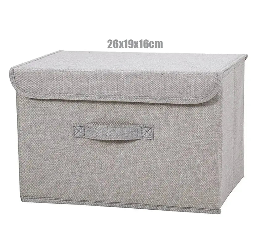 Fabric CD storage box with lid in beige cotton-linen, foldable storage bin 26x19x16 cm