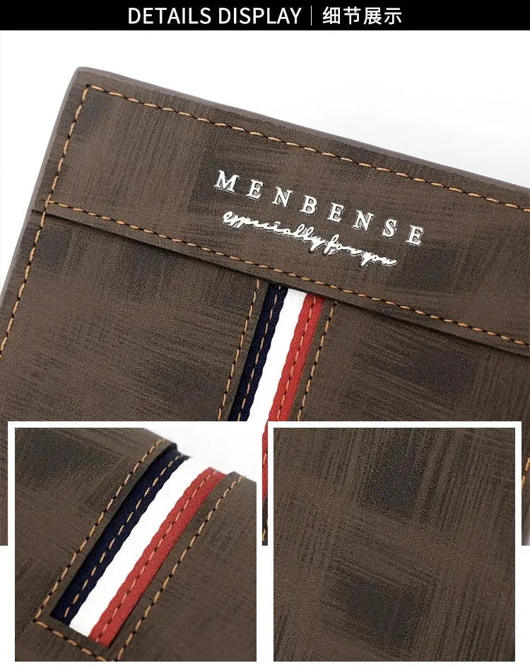 Men's luxury slim short wallet in brown PU leather with coin pocket and red-white-blue stripe, MENBENSE
