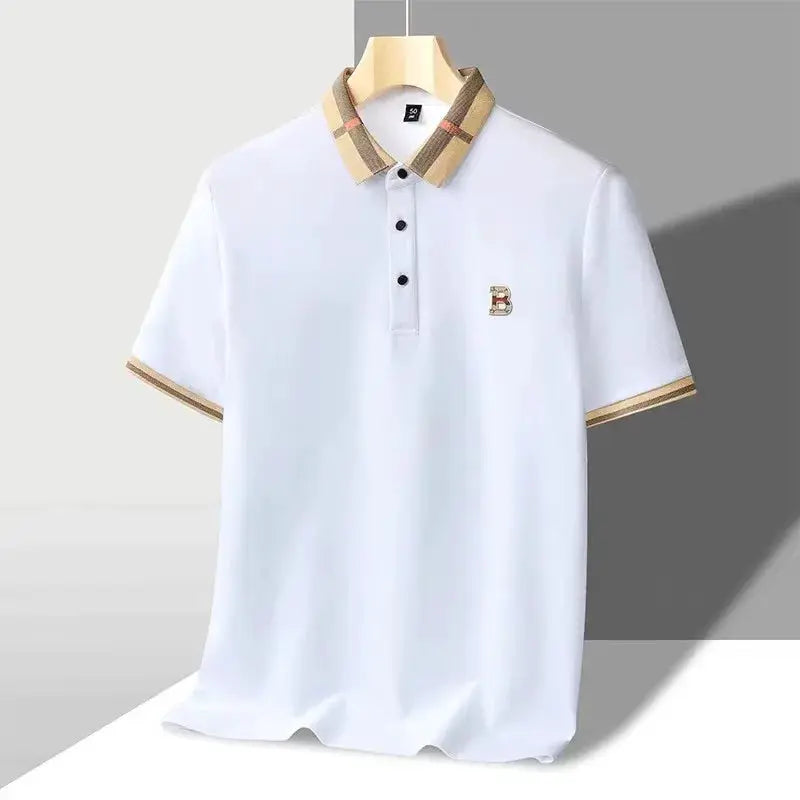 Polo shirt for men in white with beige plaid collar and cuffs, chest logo B.
