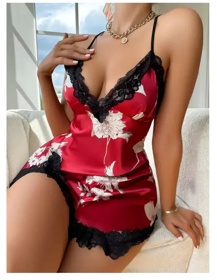 Lace Trim Leopard Print Nightdress V Neck Backless Slip Sleep Dress With Side Split For Summer Comfort